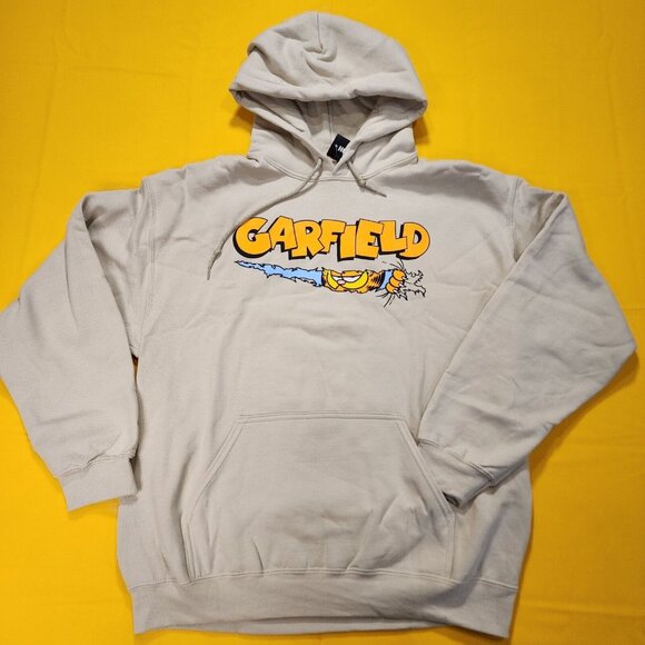 Garfield Nickelodeon Scratching Claws Hanging On Hoodie Sweatshirt Beige Size L - Picture 2 of 10
